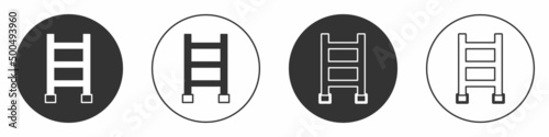 Black Fire escape icon isolated on white background. Pompier ladder. Fireman scaling ladder with a pole. Circle button. Vector