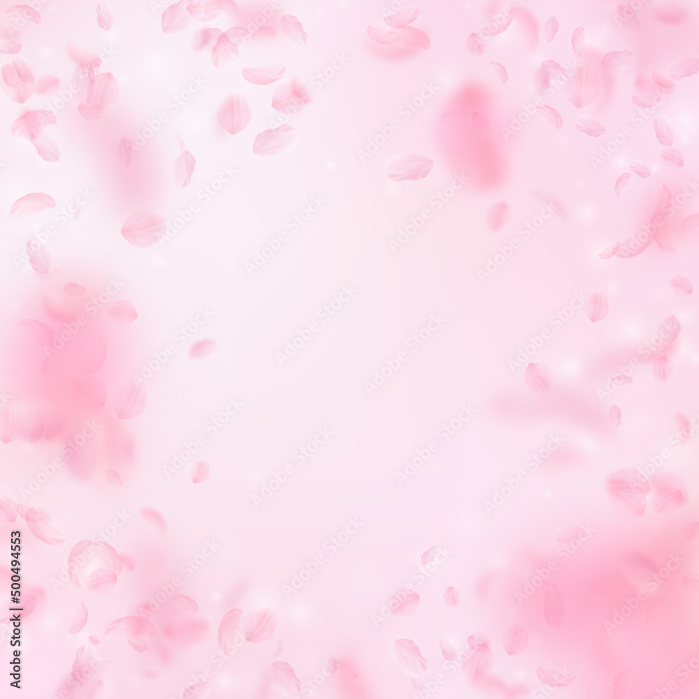 Sakura petals falling down. Romantic pink flowers vignette. Flying petals on pink square background. Love, romance concept. Grand wedding invitation.