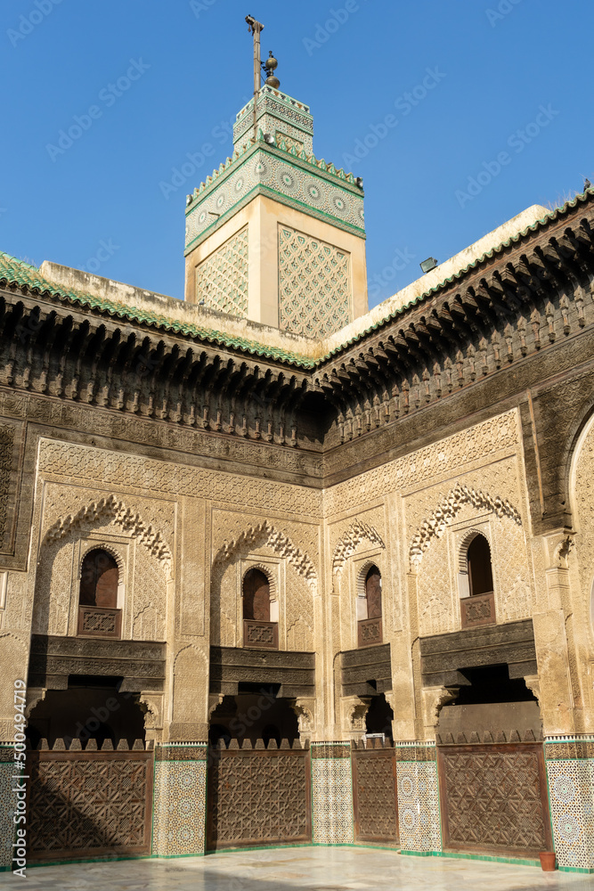 The minaret of Madrasa Bou Inania in the old medina of Fez 