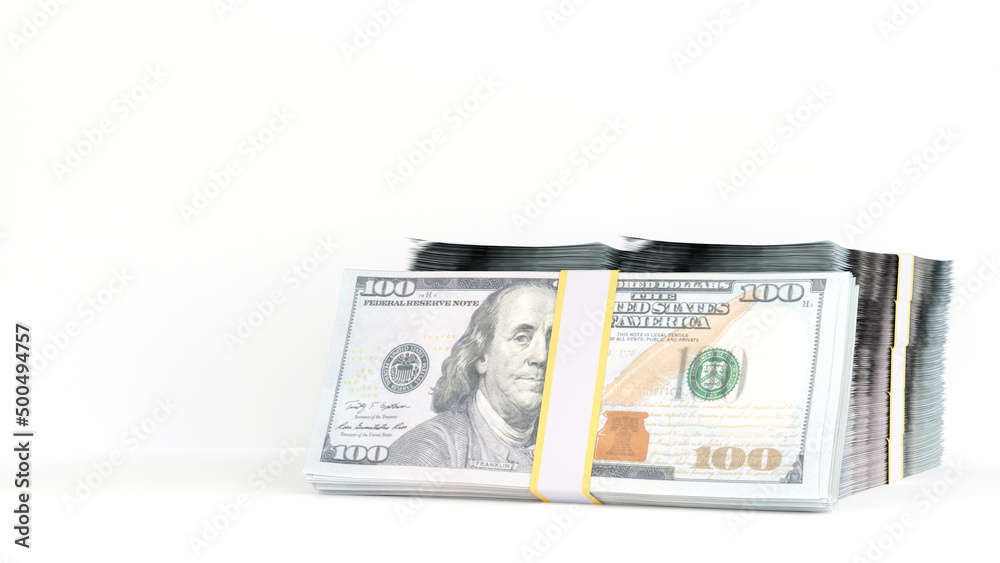 Stacks hundred dollars bills packs or banknotes heap, 3D rendering. Stacks hundred dollars bills packs or banknotes heap, 3D rendering.