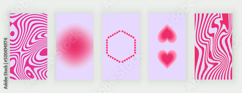 Pink groovy retro stories backrounds with boho, hearts and blur shapes
