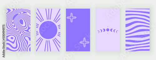 Purple groovy retro stories backrounds with boho shapes
