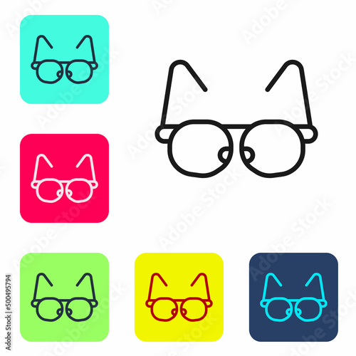 Black line Glasses icon isolated on white background. Eyeglass frame symbol. Set icons in color square buttons. Vector