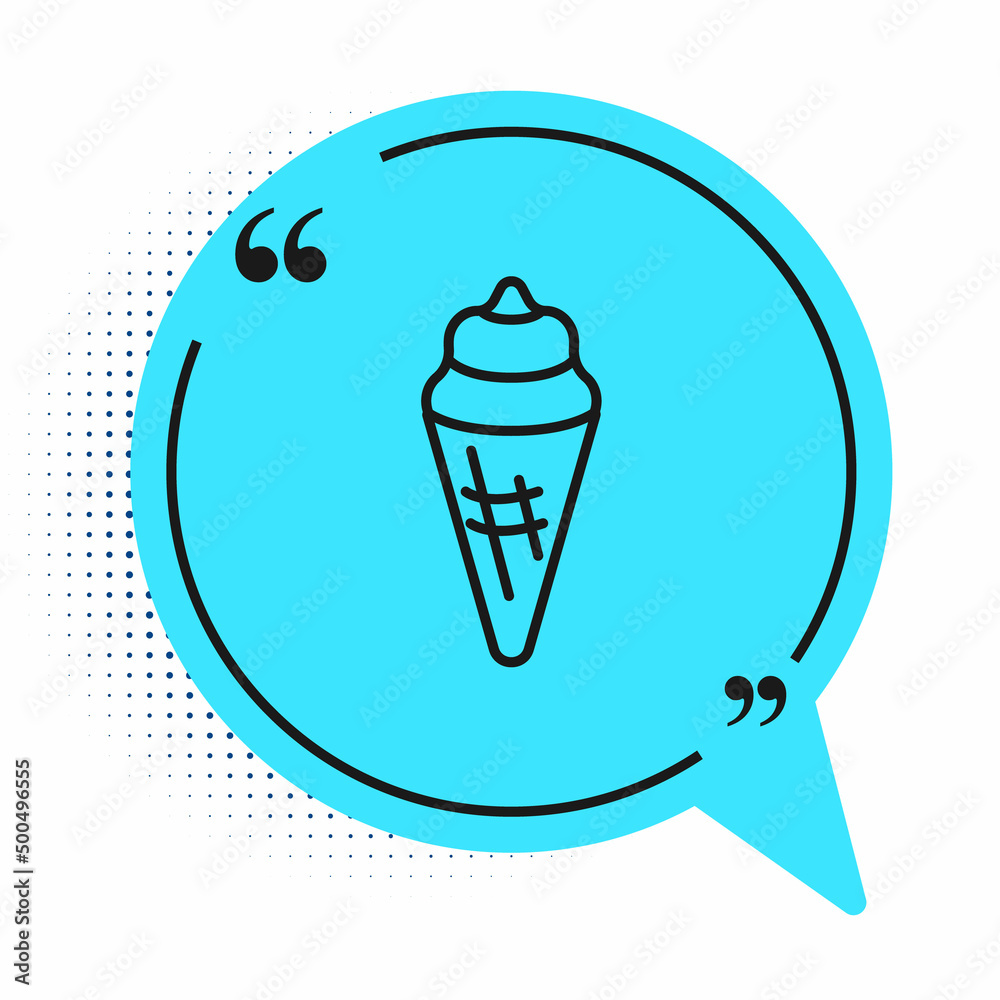Black line Ice cream in waffle cone icon isolated on white background. Sweet symbol. Blue speech bubble symbol. Vector Black line Ice cream in waffle cone icon isolated on white background. Sweet symbol. Blue speech bubble symbol. Vector