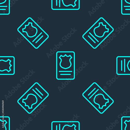Green line Police badge with id case icon isolated seamless pattern on blue background. Vector