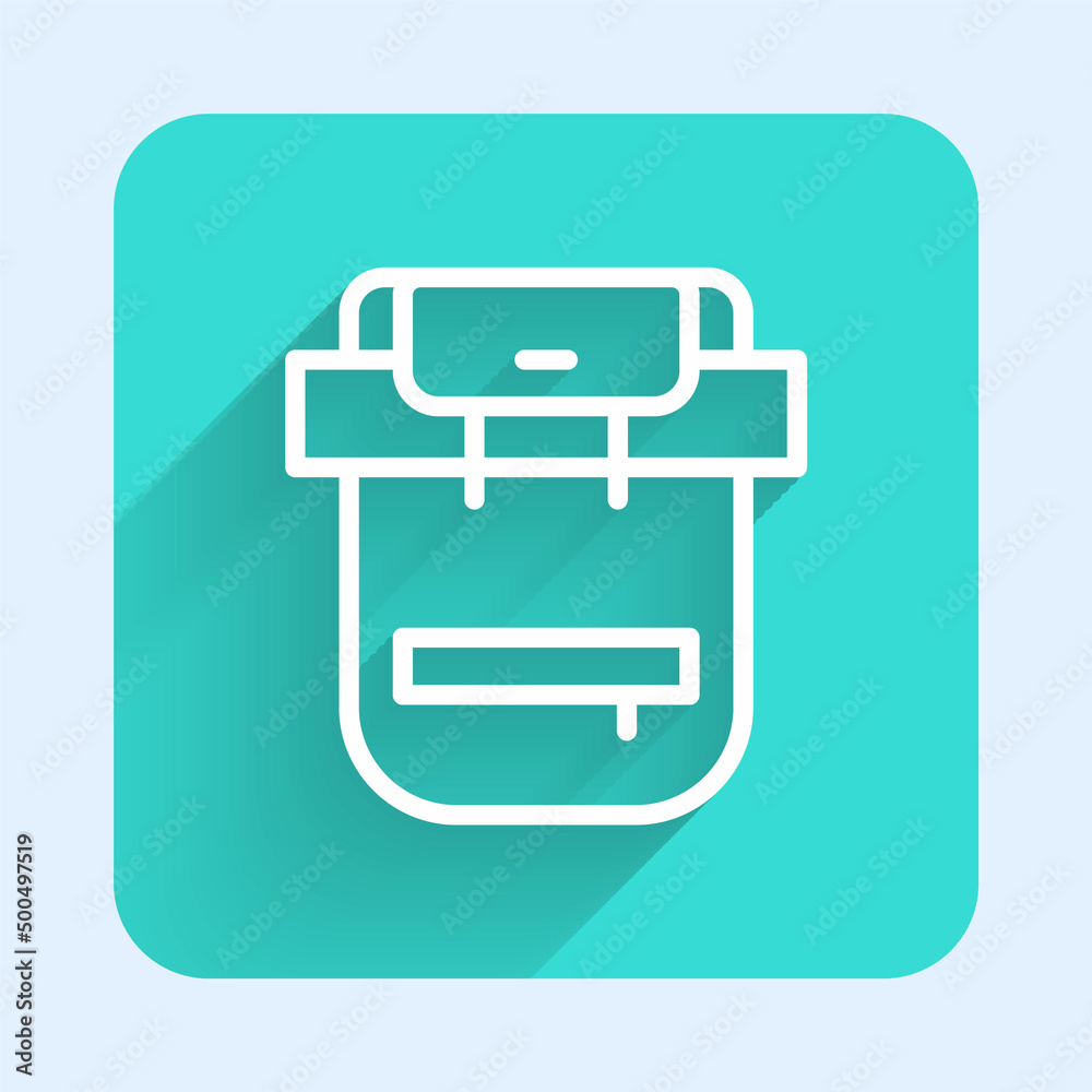White line Hiking backpack icon isolated with long shadow background. Camping and mountain exploring backpack. Green square button. Vector White line Hiking backpack icon isolated with long shadow background. Camping and mountain exploring backpack. Green square button. Vector