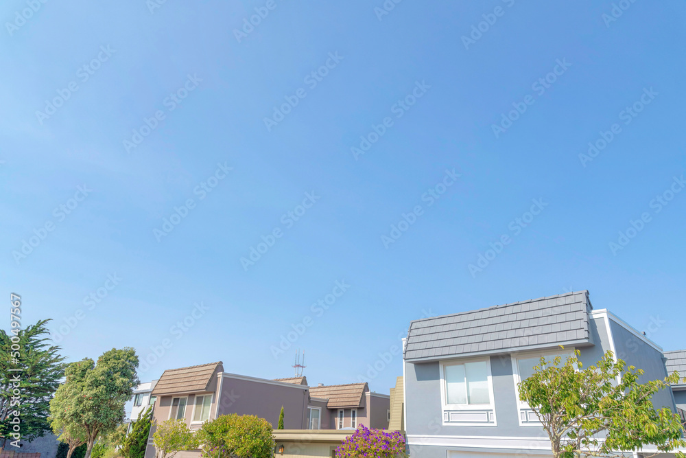 Suburban houses with asphalt shingle roofs and trees outdoors in San Francisco, California