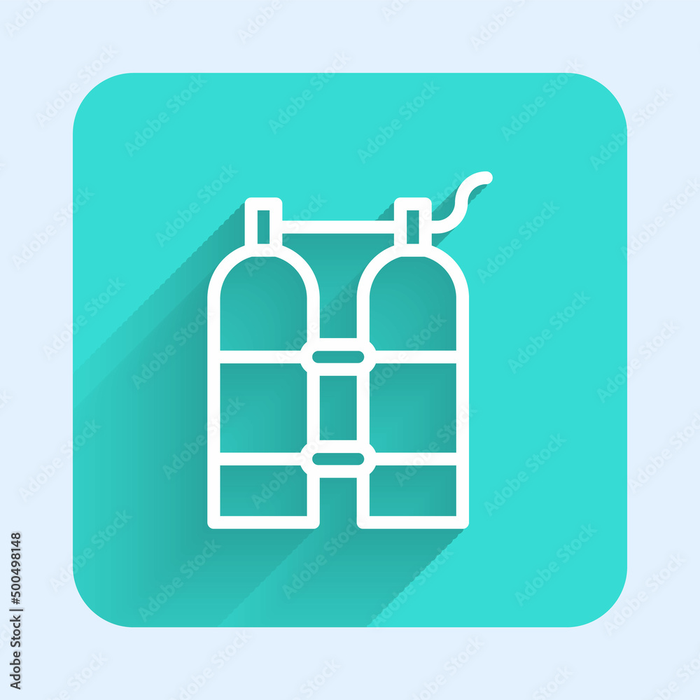 White line Aqualung icon isolated with long shadow background. Oxygen tank for diver. Diving equipment. Extreme sport. Diving underwater equipment. Green square button. Vector White line Aqualung icon isolated with long shadow background. Oxygen tank for diver. Diving equipment. Extreme sport. Diving underwater equipment. Green square button. Vector