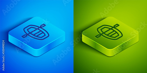 Isometric line Boat with oars icon isolated on blue and green background. Water sports, extreme sports, holiday, vacation, team building. Square button. Vector
