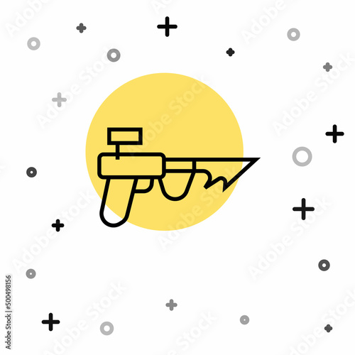 Black line Fishing harpoon icon isolated on white background. Fishery manufacturers for catching fish under water. Diving underwater equipment. Random dynamic shapes. Vector