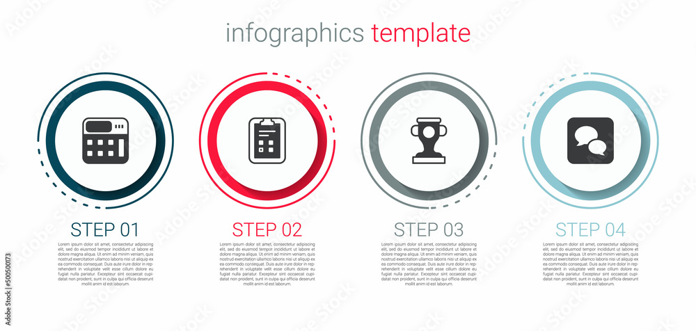 Set Calculator, Exam sheet with check mark, Award cup and Speech bubble chat. Business infographic template. Vector