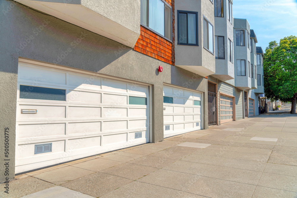 Townhouses' garage exterior at San Francisco, California