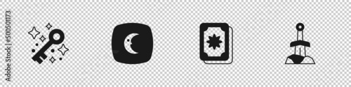 Set Old magic key, Moon and stars, Tarot cards and Sword in the stone icon. Vector