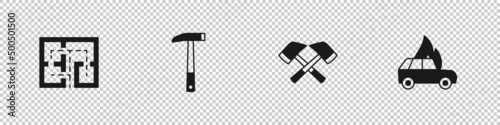 Set Evacuation plan, Firefighter axe, and Burning car icon. Vector