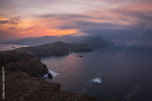 Sunset at Point of Saint Lawrence. East coast of Madeira island, Portugal. October 2021