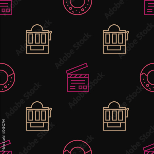 Set line Donut, Slot machine and Movie clapper on seamless pattern. Vector