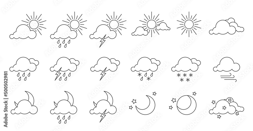 Weather forecast web interface element black line set. Custom nature sky object for meteorology website warm cold climate. Sun rain cloud moon star snow lightning wind etc icon isolated on white