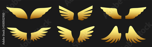 Angel wing metallic gold heraldic logo flat set. Military emblem freedom flight insignia award badge. Nature object simple effect glossy sticker bird wing feather open shape flight sky isolated