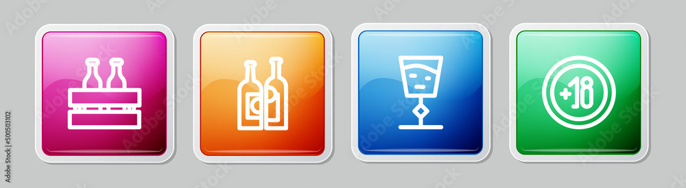 Set line Pack of beer bottles, Bottles wine, Wine glass and Alcohol 18 plus. Colorful square button. Vector Set line Pack of beer bottles, Bottles wine, Wine glass and Alcohol 18 plus. Colorful square button. Vector