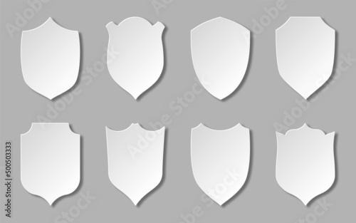 Shield papercut sticker 3d white icon flat set. Protection security guarantee sign. Military armor heraldic symbol. Retro elegant award badge handicraft medieval weapons royal privacy emblem
