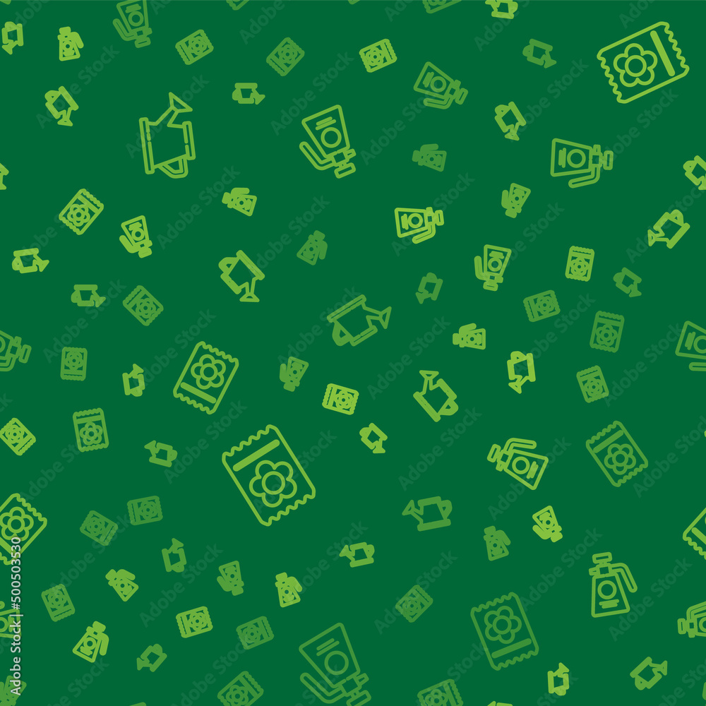 Set line Watering can, Pack full of seeds of plant and Garden sprayer for fertilizer on seamless pattern. Vector Set line Watering can, Pack full of seeds of plant and Garden sprayer for fertilizer on seamless pattern. Vector