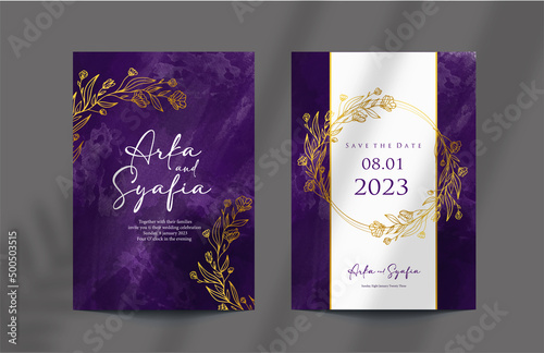 elegant Dark purple watercolor wedding invitation with floral gold hand drawn