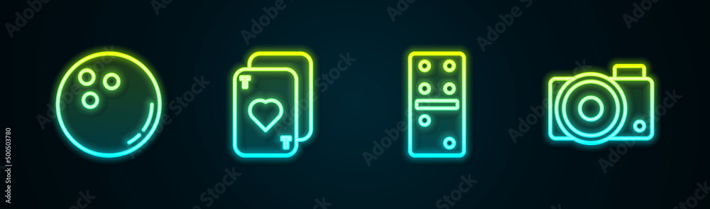 Set line Bowling ball, Playing cards, Domino and Photo camera. Glowing neon icon. Vector Set line Bowling ball, Playing cards, Domino and Photo camera. Glowing neon icon. Vector