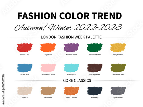 Fashion Color Trend Autumn - Winter 2022 - 2023. Trendy colors palette guide. Fabric swatches with color names. Easy to edit vector template for your creative designs