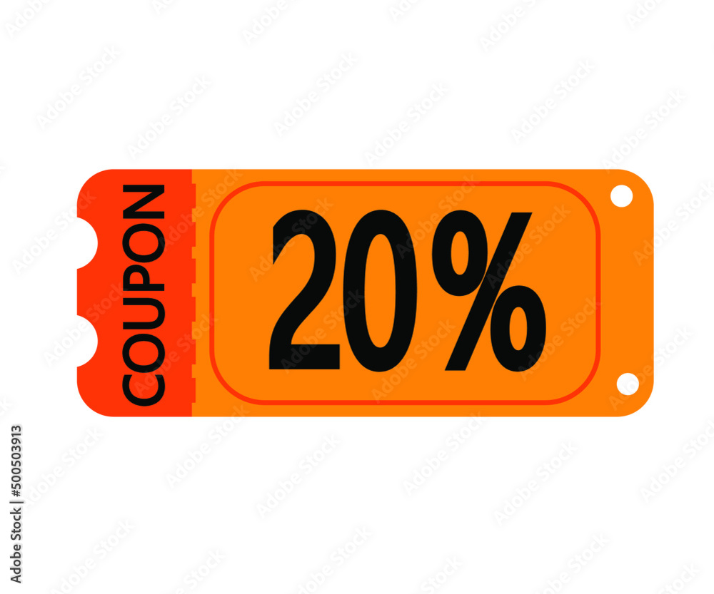 20% off coupon vector. Orange perforated coupon template on white background for stores 20% off coupon vector. Orange perforated coupon template on white background for stores