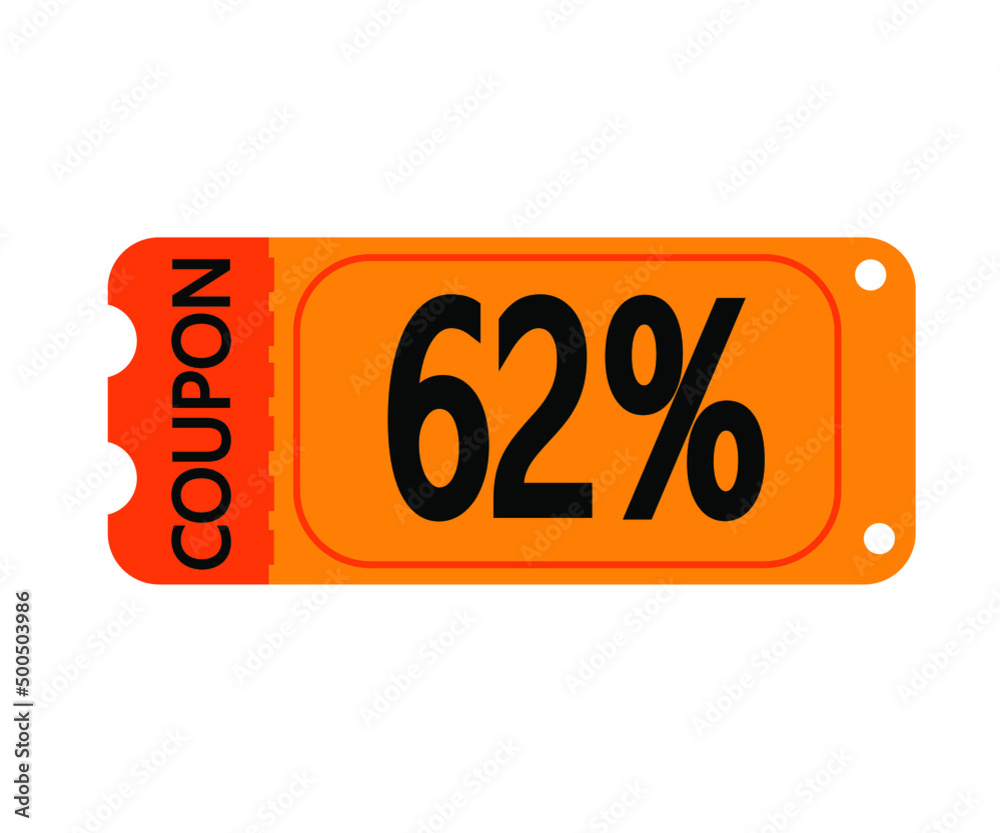 62% off coupon vector. Orange perforated coupon template on white background for stores 62% off coupon vector. Orange perforated coupon template on white background for stores