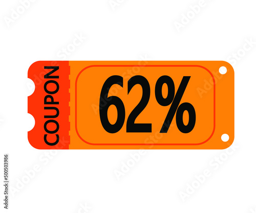 62% off coupon vector. Orange perforated coupon template on white background for stores