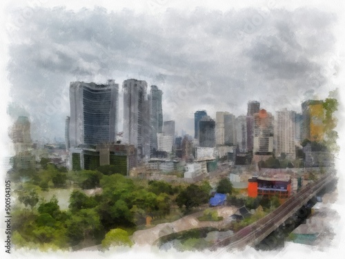 landscape of tall buildings and city streets watercolor style illustration impressionist painting. © Kittipong