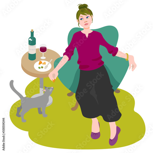 ゆったりと椅子の背にもたれてワインを飲みながら1人の時間を楽しむ若い女性とチーズを欲しがる彼女のペットのロシアンブルーの猫、ワインボトルとグラス、おつまみの乗った小さなテーブル