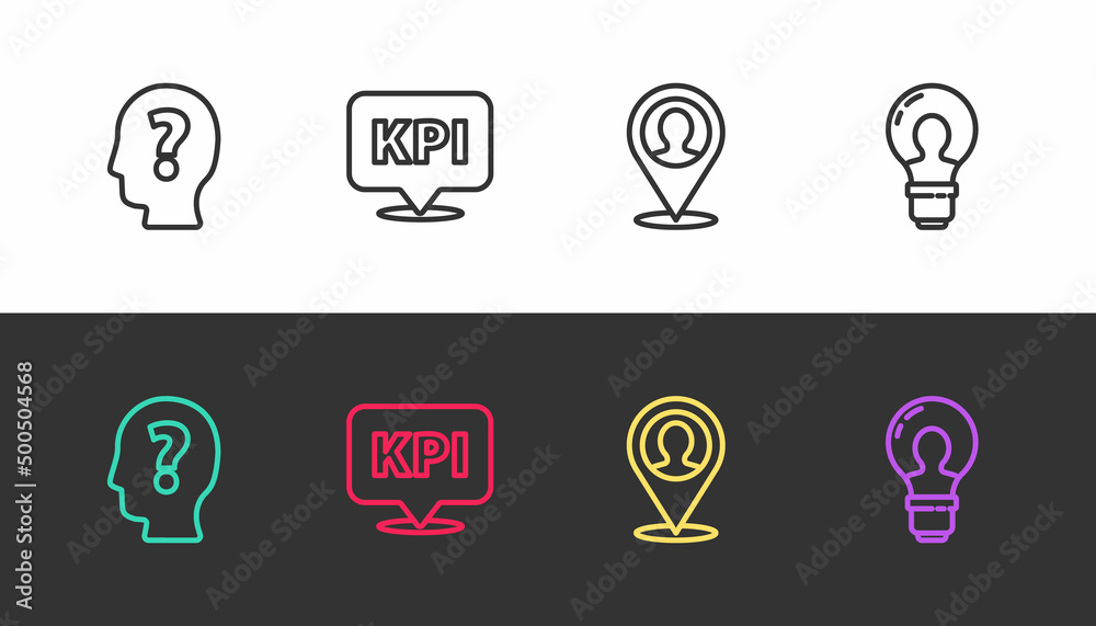 Set line Head with question mark, Key performance indicator, Location person and lamp bulb on black and white. Vector Set line Head with question mark, Key performance indicator, Location person and lamp bulb on black and white. Vector