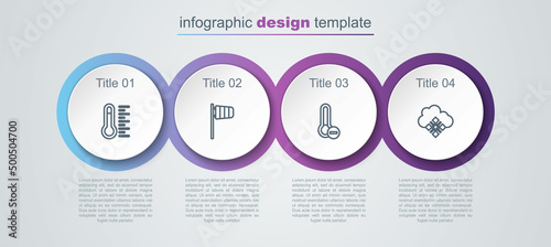 Set line Meteorology thermometer, Cone windsock wind vane, and Cloud with snow. Business infographic template. Vector