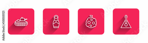 Set line Military tank, Russian doll matryoshka, Moon with flag and Balalaika with long shadow. Red square button. Vector