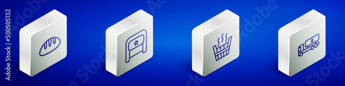 Set Isometric line Bread loaf, Ushanka, Sauna bucket and Tanker truck icon. Vector