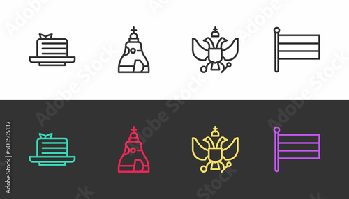 Set line Medovik, The Tsar bell, National emblem of Russia and flag on black and white. Vector
