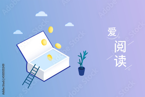Golden coins float out from an opened book. Education vector illustration background. Translation: Love reading.