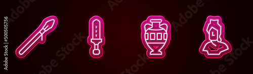 Set line Medieval spear, sword, Ancient amphorae and bust sculpture. Glowing neon icon. Vector
