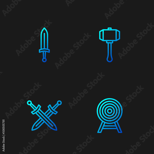 Set line Target with arrow, Crossed medieval sword, Medieval and Hammer. Gradient color icons. Vector