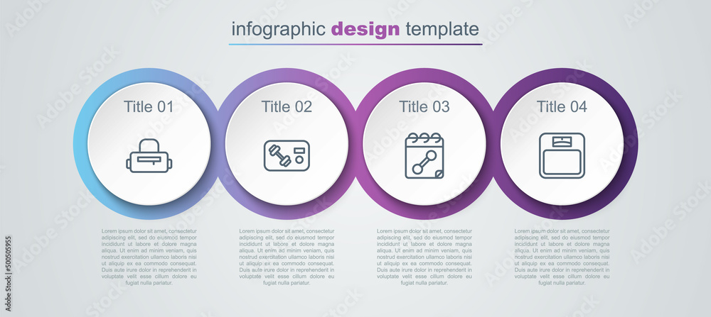 Set line Sport bag, Fitness club, gym card, Calendar fitness and Bathroom scales. Business infographic template. Vector Set line Sport bag, Fitness club, gym card, Calendar fitness and Bathroom scales. Business infographic template. Vector