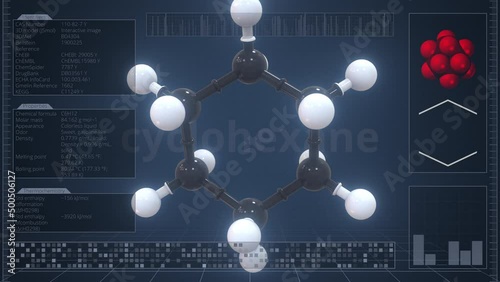 Molecule of cyclohexane with infographics on the computer monitor, loopable 3d animation photo