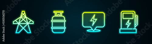 Set line Electric tower, Propane gas tank, Lightning bolt and car charging station. Glowing neon icon. Vector