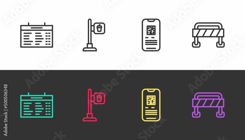 Set line Train station board, Cafe and restaurant location, E-ticket train and Road barrier on black and white. Vector