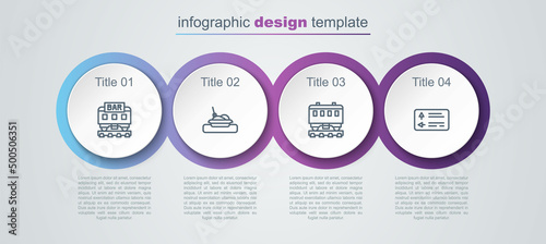 Set line Restaurant train, Plate with food, Passenger cars and Road traffic signpost. Business infographic template. Vector