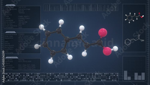 Overview of the molecule of cinnamic acid on the computer screen. Loopable 3d animation photo