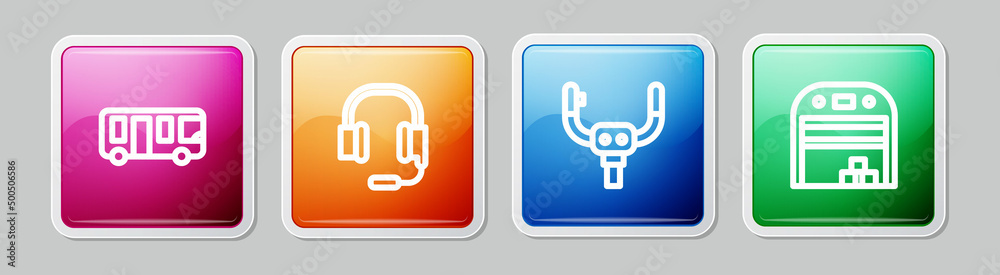 Set line Airport bus, Headphones with microphone, Aircraft steering helm and hangar. Colorful square button. Vector Set line Airport bus, Headphones with microphone, Aircraft steering helm and hangar. Colorful square button. Vector