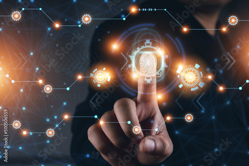Fingerprint scan provides security access with biometrics identification. New technology fingerprint scan for unlock bigdata and business process strategy. Digital transformation change management.IOT