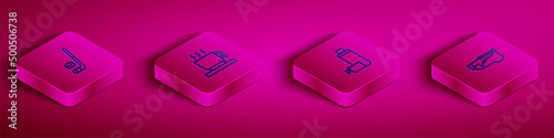 Set Isometric line Ice hockey stick and puck, Hot chocolate cup, Thermos container and Biathlon rifle icon. Vector